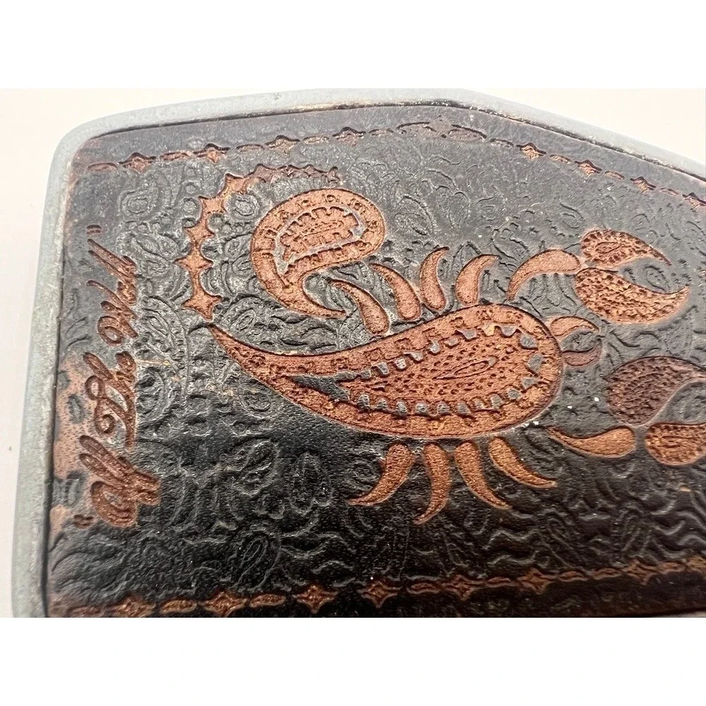 Vintage Belt Buckle Off the Wall Mens Black Brown Scorpion Paisley Tooled Look‎